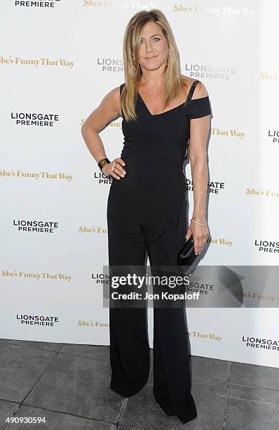 Actress Jennifer Aniston arrives at the Los Angeles Premiere "She's Funny That Way" at Harmony Gold on August 19, 2015 in Los Angeles, California.