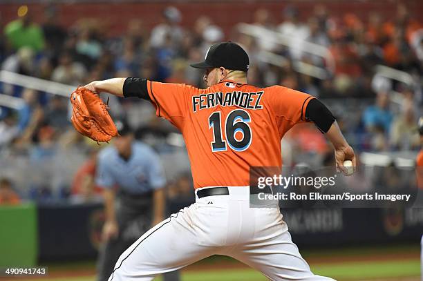 Pitcher Jose Fernandez of the Miami Marlins pitches during a game against the Los Angeles Dodgers at Marlins Park on May 04, 2014 in Miami, Florida.