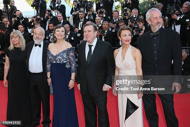 Producer Georgina Lowe, director Mike Leigh, actors Marion Bailey, Timothy Spall, Dorothy Atkinson and director of Photography Dick Pope attend the...
