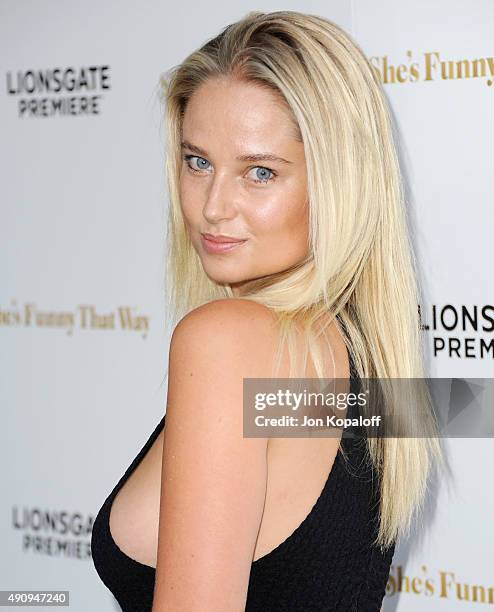 Model Genevieve Morton arrives at the Los Angeles Premiere "She's Funny That Way" at Harmony Gold on August 19, 2015 in Los Angeles, California.