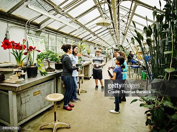 botanists with students in research greenhouse - scientist standing next to table stock pictures, royalty-free photos & images