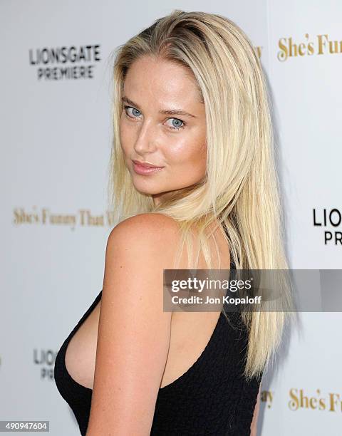 Model Genevieve Morton arrives at the Los Angeles Premiere "She's Funny That Way" at Harmony Gold on August 19, 2015 in Los Angeles, California.