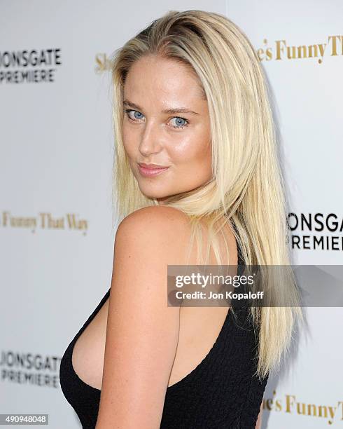 Model Genevieve Morton arrives at the Los Angeles Premiere "She's Funny That Way" at Harmony Gold on August 19, 2015 in Los Angeles, California.