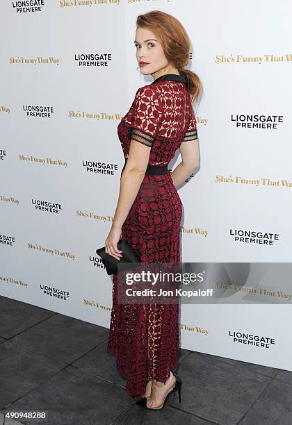 Actress Holland Roden arrives at the Los Angeles Premiere "She's Funny That Way" at Harmony Gold on August 19, 2015 in Los Angeles, California.
