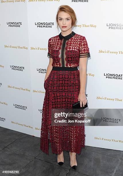 Actress Holland Roden arrives at the Los Angeles Premiere "She's Funny That Way" at Harmony Gold on August 19, 2015 in Los Angeles, California.