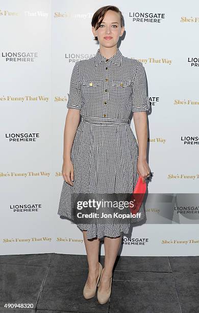 Actress Jess Weixler arrives at the Los Angeles Premiere "She's Funny That Way" at Harmony Gold on August 19, 2015 in Los Angeles, California.