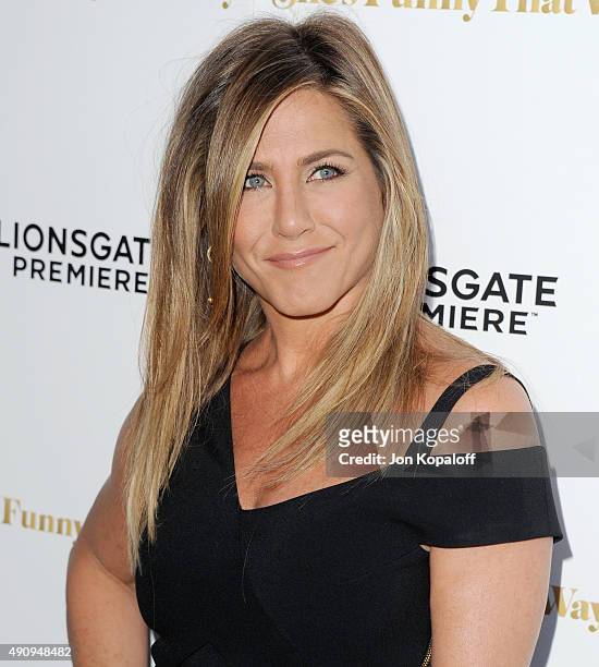Actress Jennifer Aniston arrives at the Los Angeles Premiere "She's Funny That Way" at Harmony Gold on August 19, 2015 in Los Angeles, California.