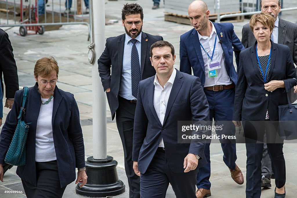 Alexis Tsipras (center) and his staff arrive at NYC City...