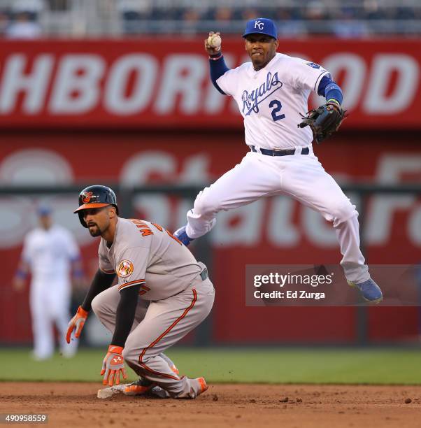 Alcides Escobar of the Kansas City Royals leaps away from Nick Markakis of the Baltimore Orioles as he throws to first on a double play attempt in...