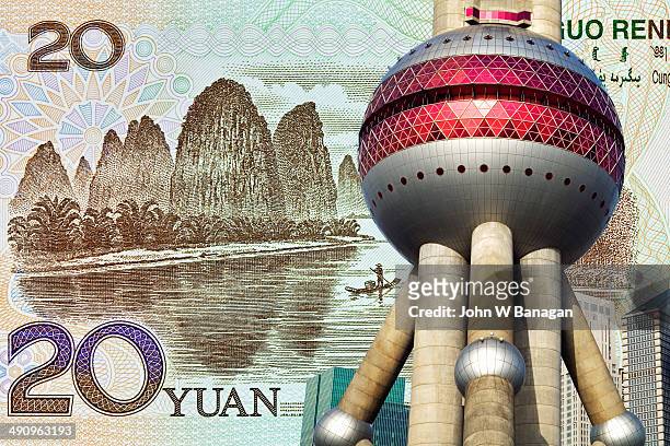money behind shanghai skyline - 20 yuan note stock pictures, royalty-free photos & images
