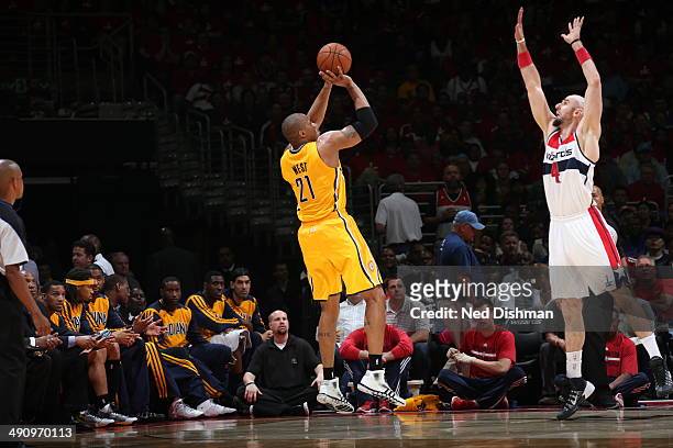 David West of the Indiana Pacers shoots the ball against the Washington Wizards in Game Six of the Eastern Conference Semi-Finals during the 2014 NBA...