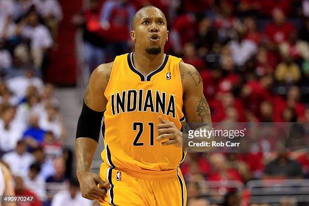 David West of the Indiana Pacers celebrates against the Washington Wizards during Game Six of the Eastern Conference Semifinals during the 2014 NBA...