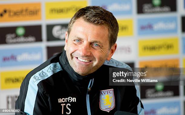 Tim Sherwood manager of Aston Villa talks to the press during a press conference at the club's training ground at Bodymoor Heath on October 02, 2015...