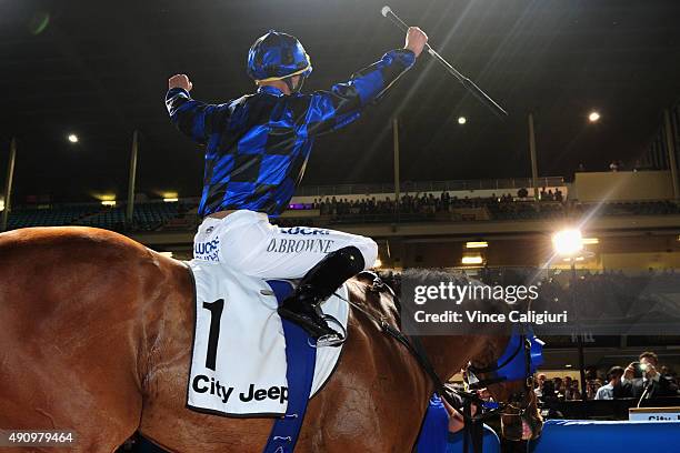 Damian Browne after riding Buffering to win Race 7, the City Jeep Moir Stakes during Melbourne Racing at Moonee Valley Racecourse on October 2, 2015...