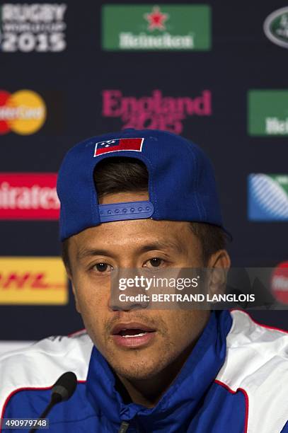 Samoa's full-back Tim Nanai-Williams attends a press conference in Milton Keynes, north of London, on October 2, 2015 on the eve of their match...