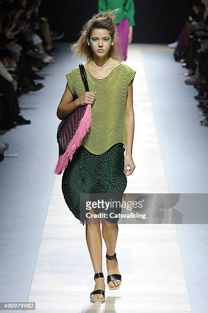Model walks the runway at the Issey Miyake Spring Summer 2016 fashion show during Paris Fashion Week on October 2, 2015 in Paris, France.