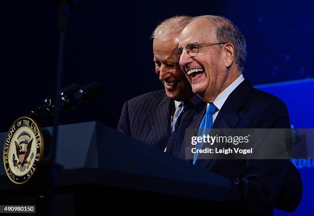 Former US Senator George Mitchell introduces Vice President of the United States Joe Biden speaks on stage during the 2015 Concordia Summit at Grand...