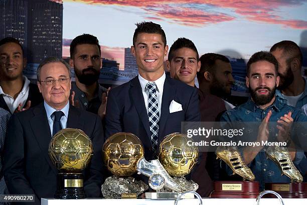 Cristiano Ronaldo poses for a picture with his trophy as all-time top scorer of Real Madrid CF, all trophys won as Real Madrid players, president...