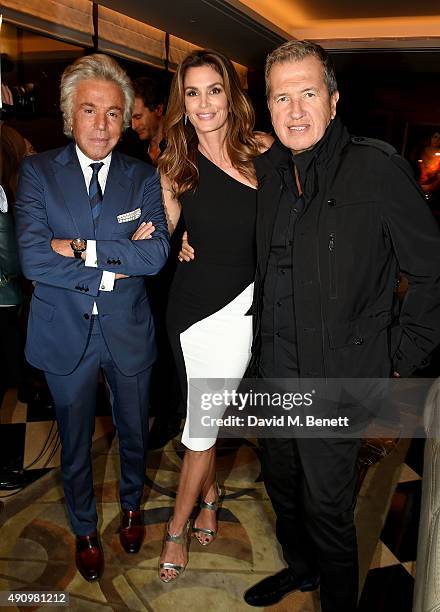 Giancarlo Giammetti, Cindy Crawford and Mario Testino attend the London launch of Casamigos Tequila and Cindy Crawford's book 'Becoming' hosted by...