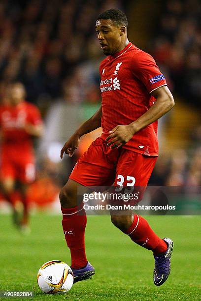 Jordon Ibe of Liverpool in action during the UEFA Europa League group B match between Liverpool FC and FC Sion at Anfield on October 1, 2015 in...