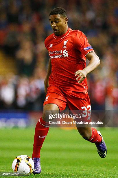 Jordon Ibe of Liverpool in action during the UEFA Europa League group B match between Liverpool FC and FC Sion at Anfield on October 1, 2015 in...