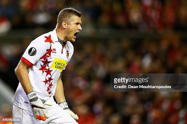 Goalkeeper, Andris Vanins of Sion in action during the UEFA Europa League group B match between Liverpool FC and FC Sion at Anfield on October 1,...