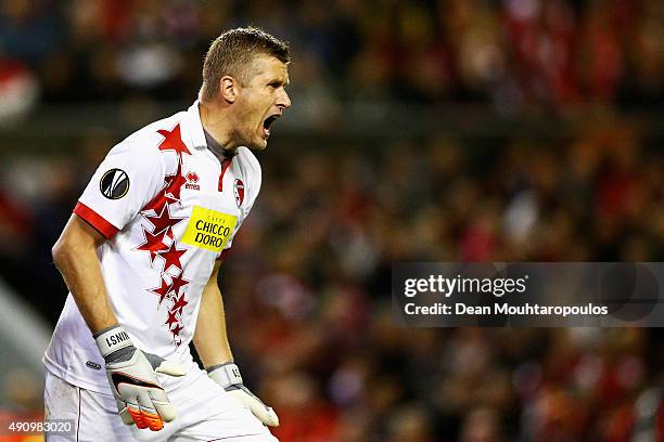 Goalkeeper, Andris Vanins of Sion in action during the UEFA Europa League group B match between Liverpool FC and FC Sion at Anfield on October 1,...