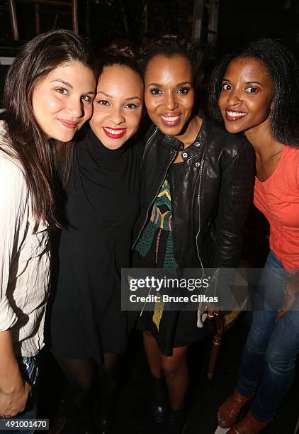 Phillipa Soo, Jasmine Cephas Jones, Kerry Washington and Renee Elise Goldsberry pose backstage at the hit musical "Hamilton" on Broadway at The...