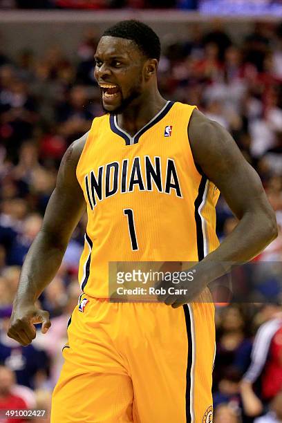 Lance Stephenson of the Indiana Pacers celebrates against the Washington Wizards during Game Six of the Eastern Conference Semifinals during the 2014...