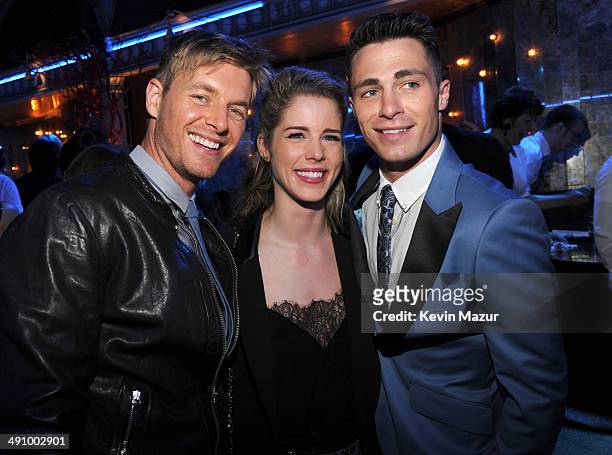 Rick Cosnett, Emily Bett Richards and Colton Haynes attend The CW Network's 2014 Upfront party at Paramount Hotel on May 15, 2014 in New York City.