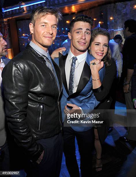 Rick Cosnett, Colton Haynes and Emily Bett Rickards attend The CW Network's 2014 Upfront party at Paramount Hotel on May 15, 2014 in New York City.