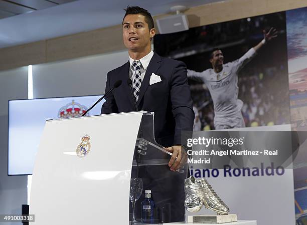 Cristiano Ronaldo gives a speech after receiving his trophy as all-time top scorer of of Real Madrid CF at Honour box-seat of Santiago Bernabeu...