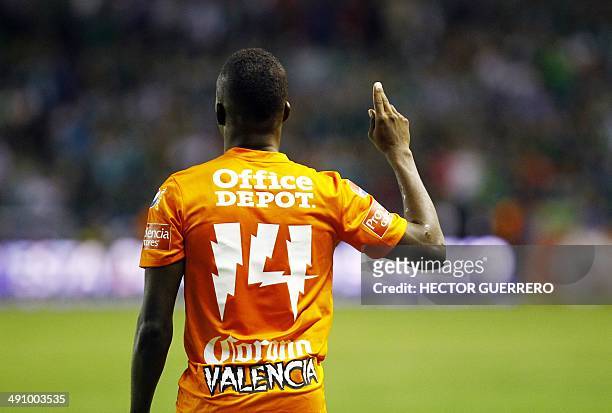 Enner Valencia of Pachuca celebrates after score during their Mexican Clausura 2014 tournament football final first match against Leon at Nou Camp...