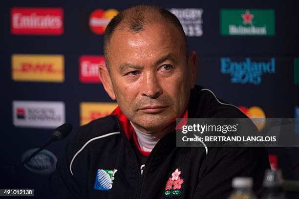 Japan's head coach Eddie Jones attends the press conference following the captain's run team training session in Milton Keynes, north of London, on...