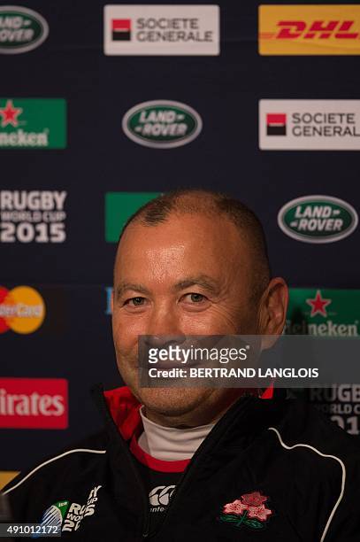 Japan's head coach Eddie Jones attends the press conference following the captain's run team training session in Milton Keynes, north of London, on...