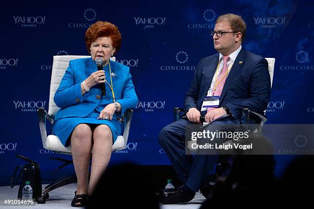 Former President of the Republic of Latvia Vaira Vike-Freiberga and Co-Founder and Chairman of the Board of Concordia Nicholas Logothetis speak on...