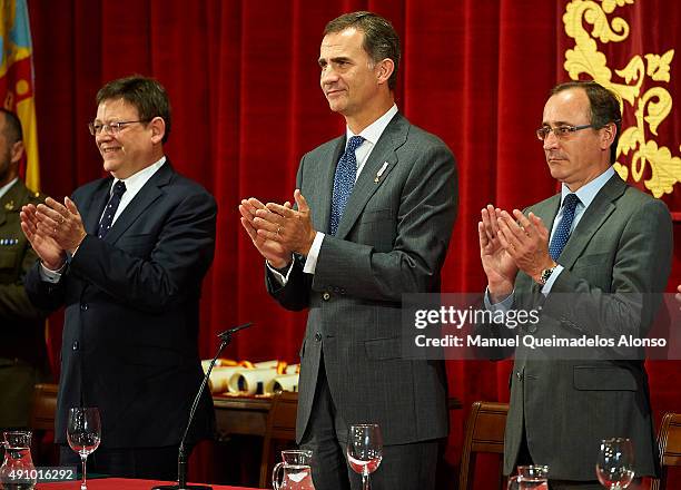 King Felipe VI of Spain, Regional government of generalitat Valenciana Ximo Puig and Minister of Health Alfonso Alonso attend 'Rey Jaime I Awards' at...