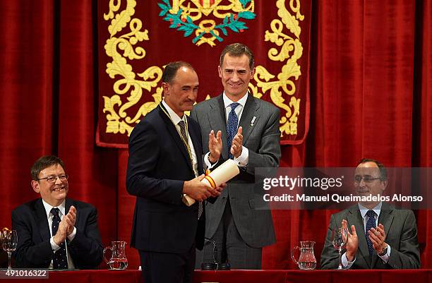 King Felipe VI of Spain, Regional government of generalitat Valenciana Ximo Puig and Minister of Health Alfonso Alonso attend 'Rey Jaime I Awards' at...