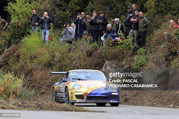 French dirver Francois Delecour competes in the first stage of the World Rally Car Tour de Corse championship in Francardo near Soveria on the French...