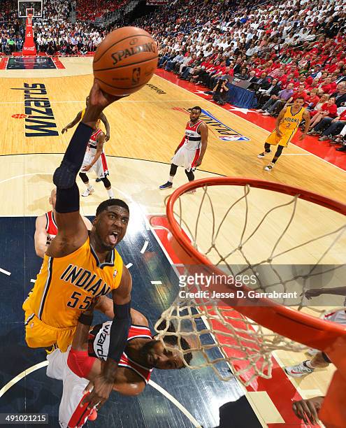 Roy Hibbert of the Indiana Pacers dunks against the Washington Wizards in Game Six of the Eastern Conference Semifinals during the 2014 NBA Playoffs...