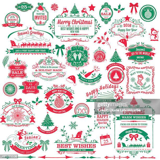 holiday christmas label tag set - stencil font stock illustrations
