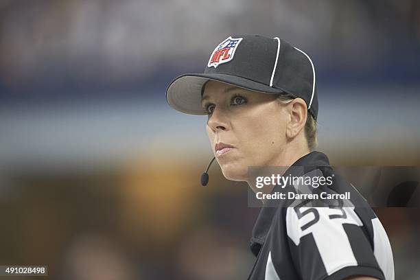 Closeup of NFL referee Sarah Thomas during Dallas Cowboys vs Atlanta Falcons game at AT&T Stadium. Thomas is the first female official in NFL...