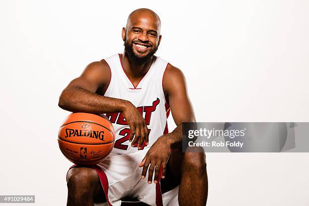 John Lucas III of the Miami Heat poses for a portrait during Miami Heat media day at AmericanAirlines Arena on September 28, 2015 in Miami, Florida.