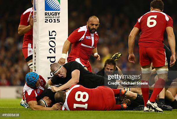 Kieran Read of the New Zealand All Blacks scores their fifth try during the 2015 Rugby World Cup Pool C match between New Zealand and Georgia at the...