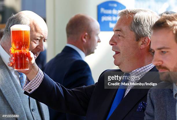 Nigel Farage drinks a beer as he attends the Autumn Racing & CAMRA Beer Festival meet at Ascot Racecourse on October 2, 2015 in Ascot, England.