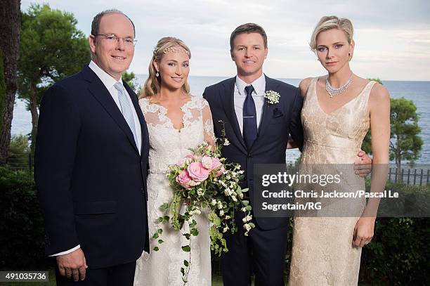 Prince Albert II of Monaco, Roisin Galvin Wittstock, Gareth Wittstock and Princess Charlene of Monaco pose after the wedding ceremony of Gareth...