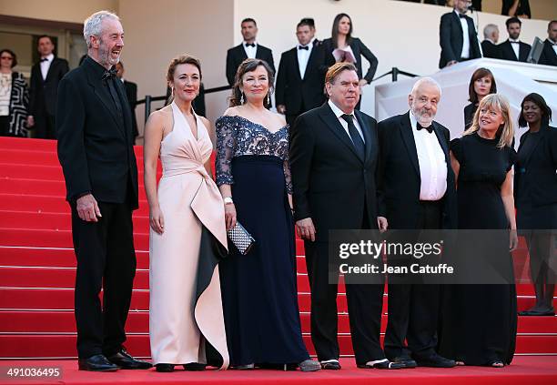 Director of photography Dick Pope, actors Dorothy Atkinson, Timothy Spall, Marion Bailey, director Mike Leigh attend the 'Mr Turner' premiere during...