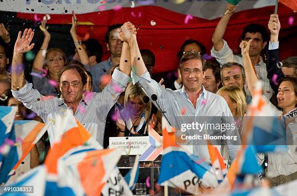 Pedro Passos Coelho, Portugal's prime minister, and Paulo Portas, Portugal's vice premier, left, gesture during the final round of campaigning ahead...