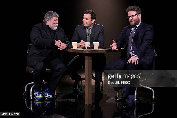 Episode 0342 -- Pictured: Inventor Steve Wozniak, host Jimmy Fallon, and actor Seth Rogen play "True Confessions" on October 2, 2015 --
