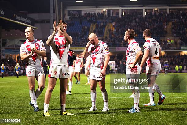 An emotional Luke Walsh of St. Helens R.F.C is seen after St Helens conceded to Leeds Rhinos in the First Utility Super League Semi Final between...